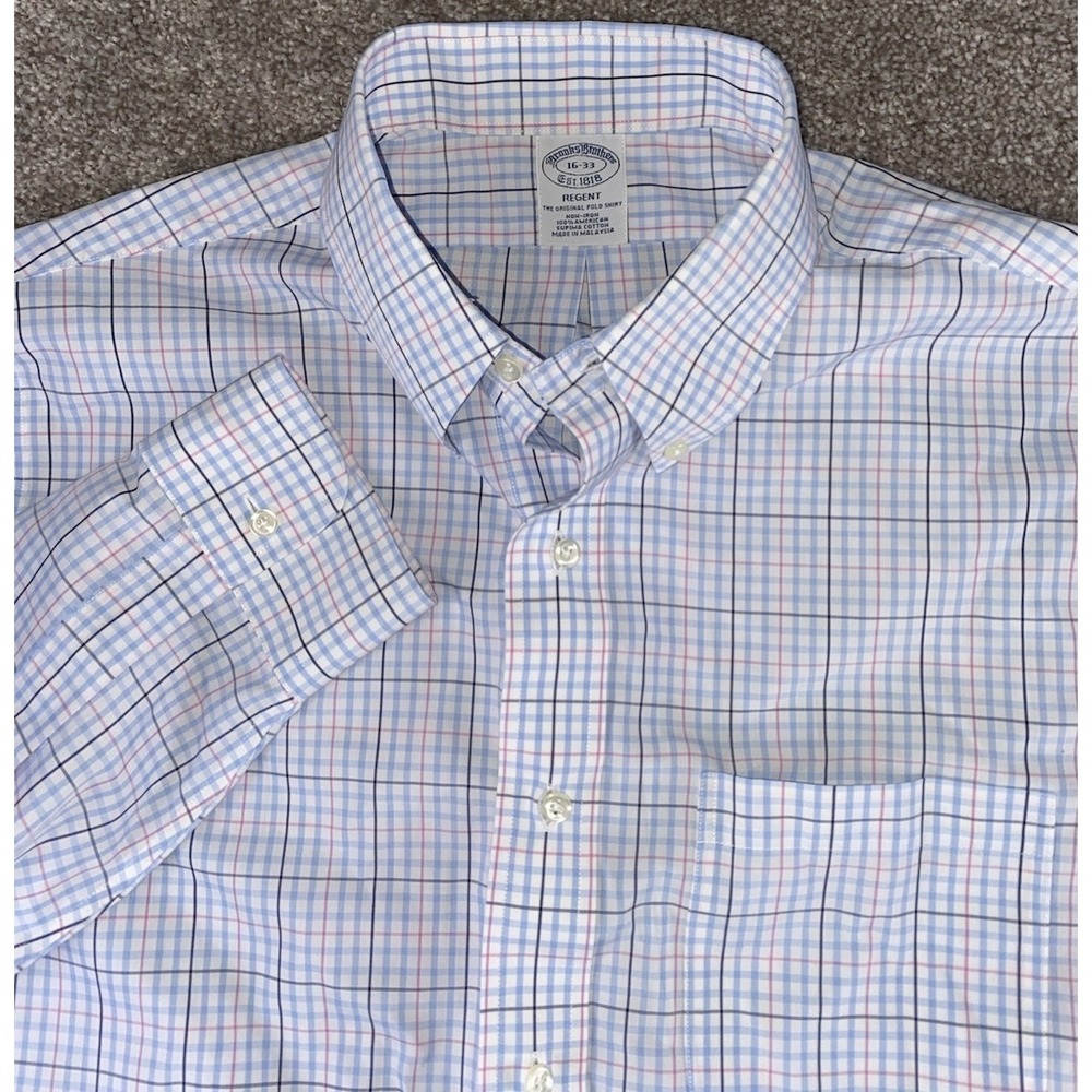 Brooks Brothers Regent Non Iron Blue Plaid Shirt American Supima Cotton Men L 16